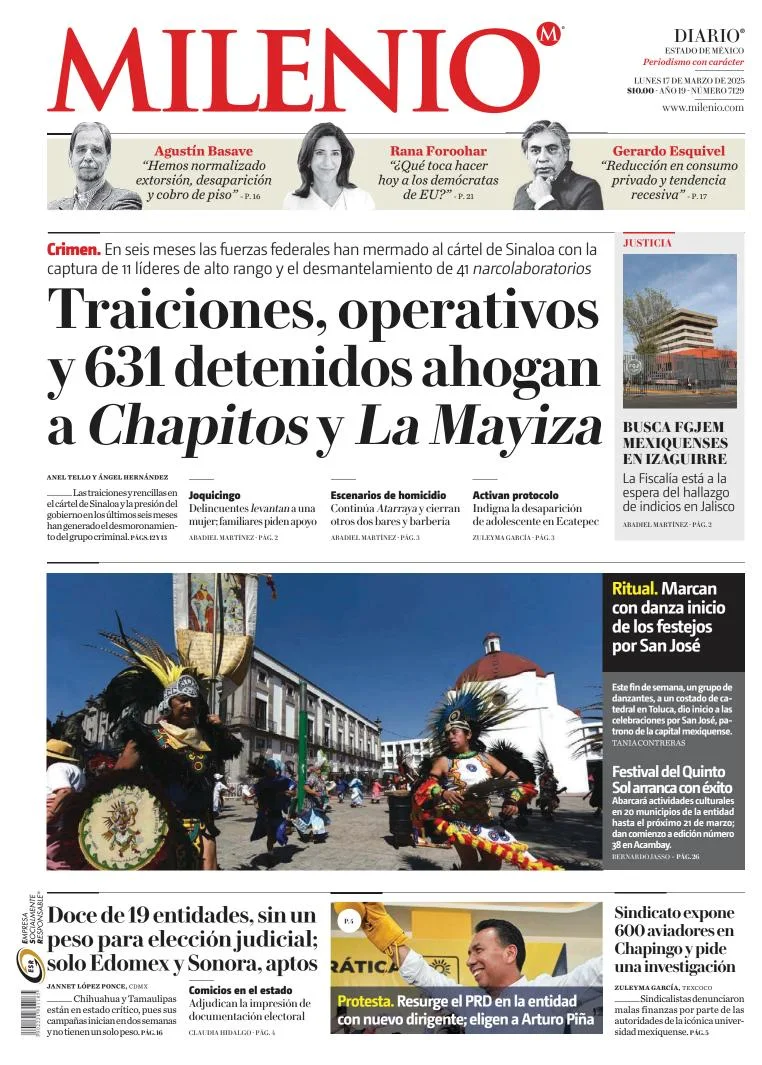 Portada de Milenio Edo de Mexico del lunes, 17 de marzo de 2025