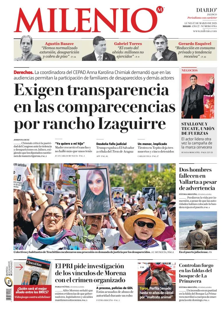 Portada de Milenio Jalisco del lunes, 17 de marzo de 2025