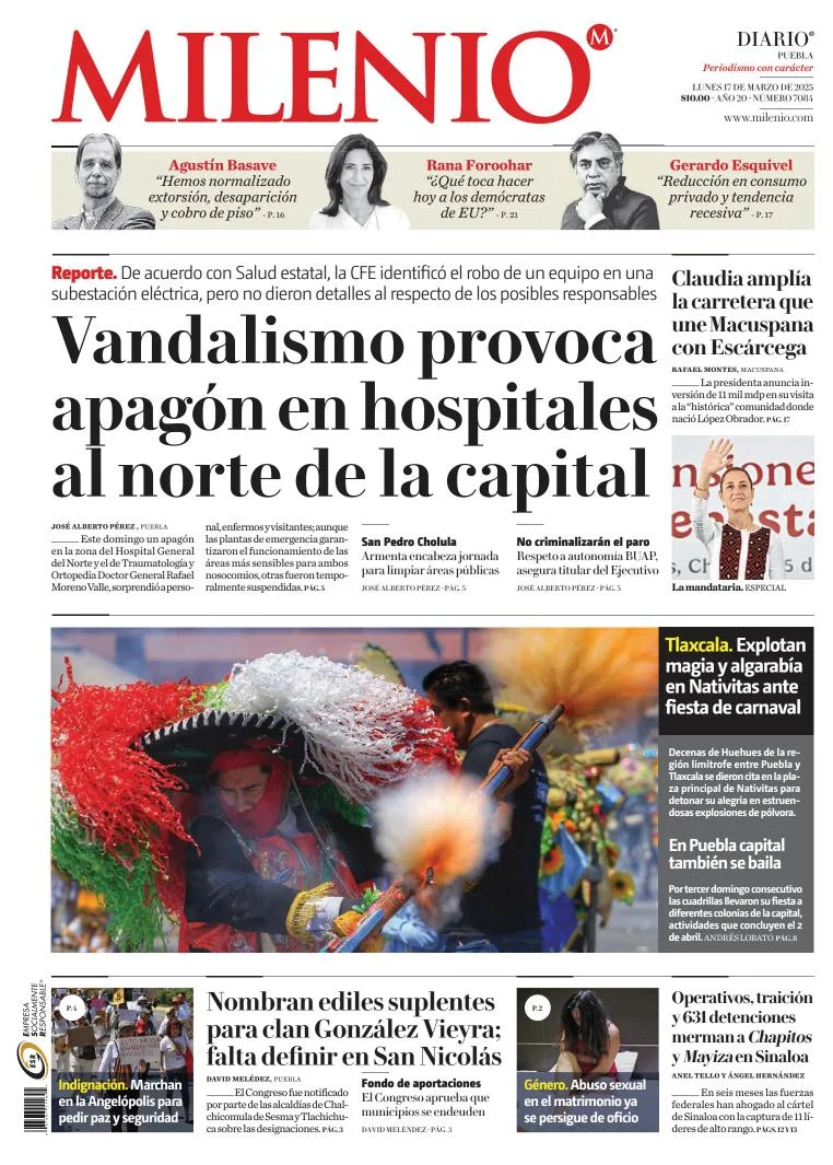 Portada de Milenio Puebla del lunes, 17 de marzo de 2025