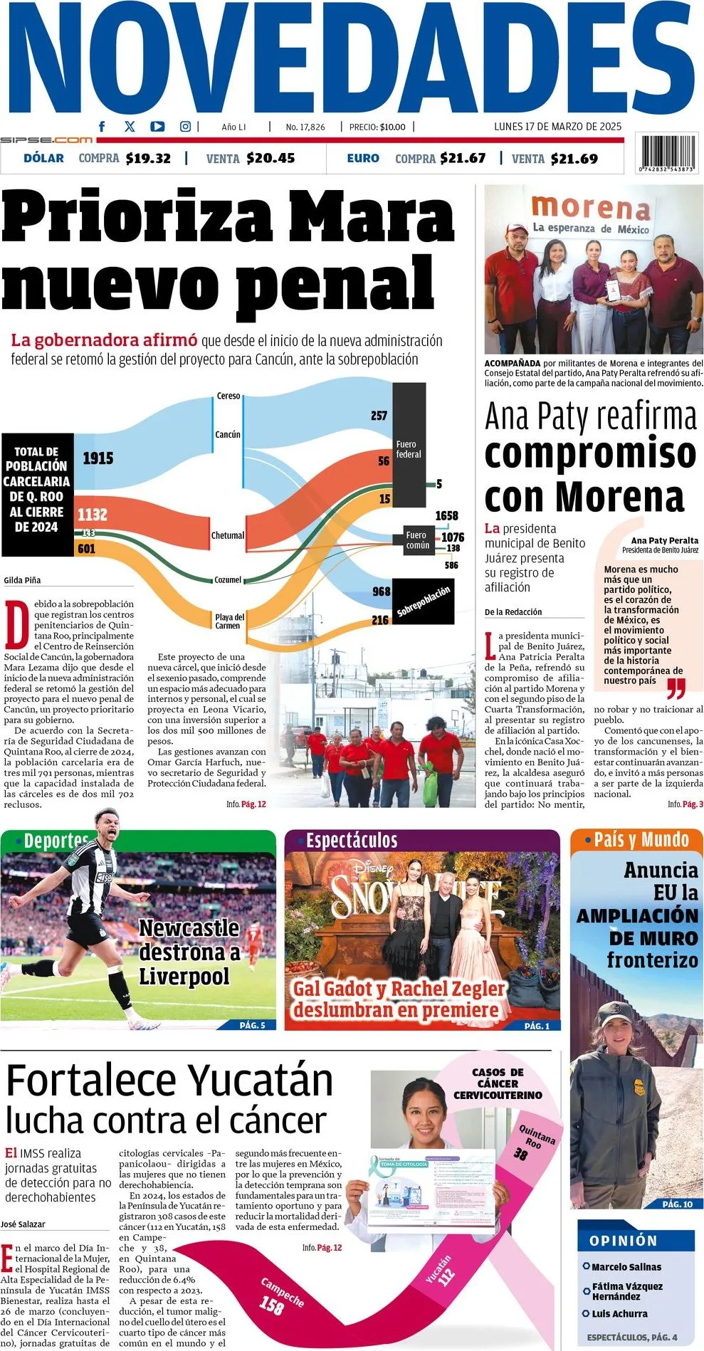Portada de Novedades Quintana Roo del lunes, 17 de marzo de 2025