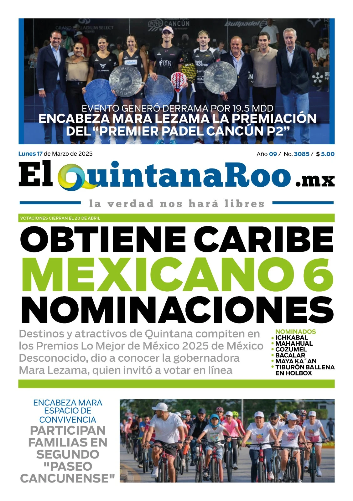 Portada de El Quintana Roo (portada) del lunes, 17 de marzo de 2025