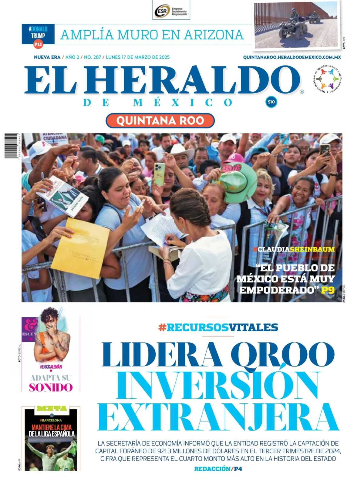 Portada de El Heraldo de Mexico - Quintana Roo del lunes, 17 de marzo de 2025