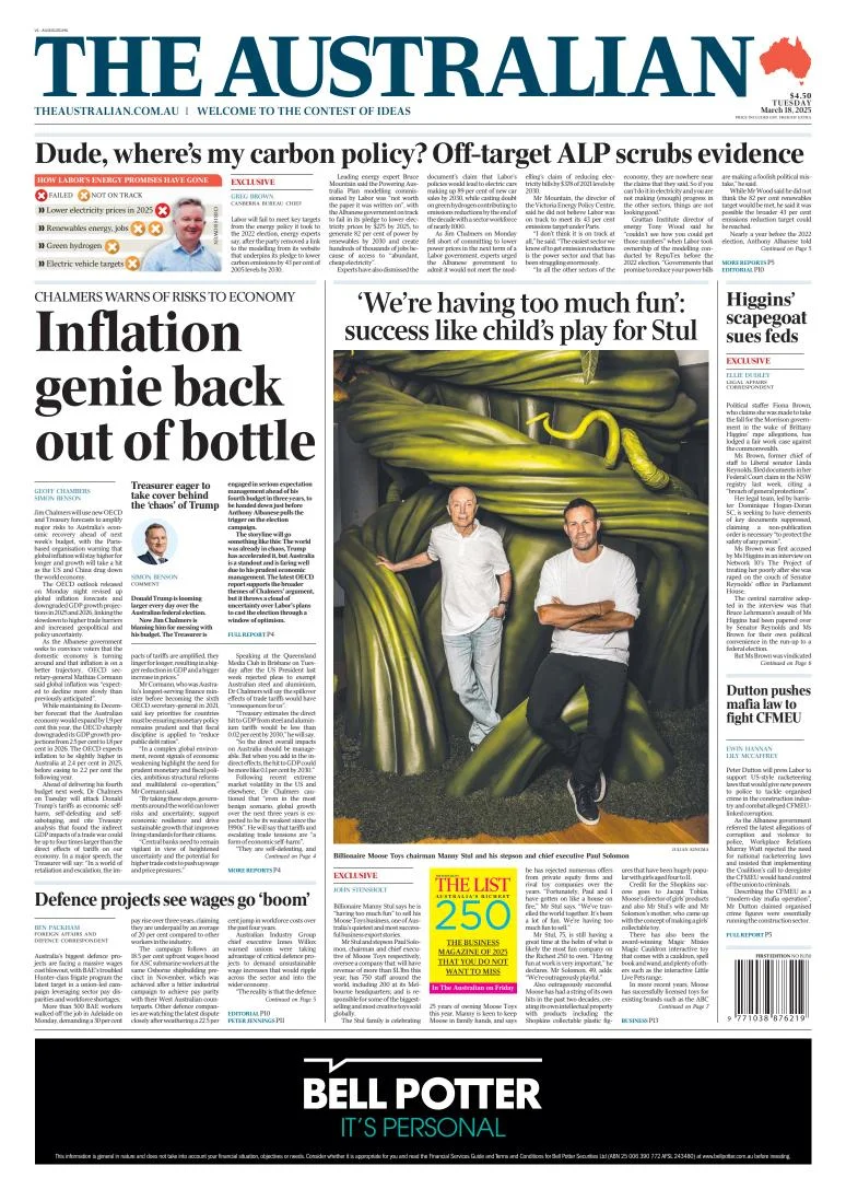 Portada de The Australian del martes, 18 de marzo de 2025