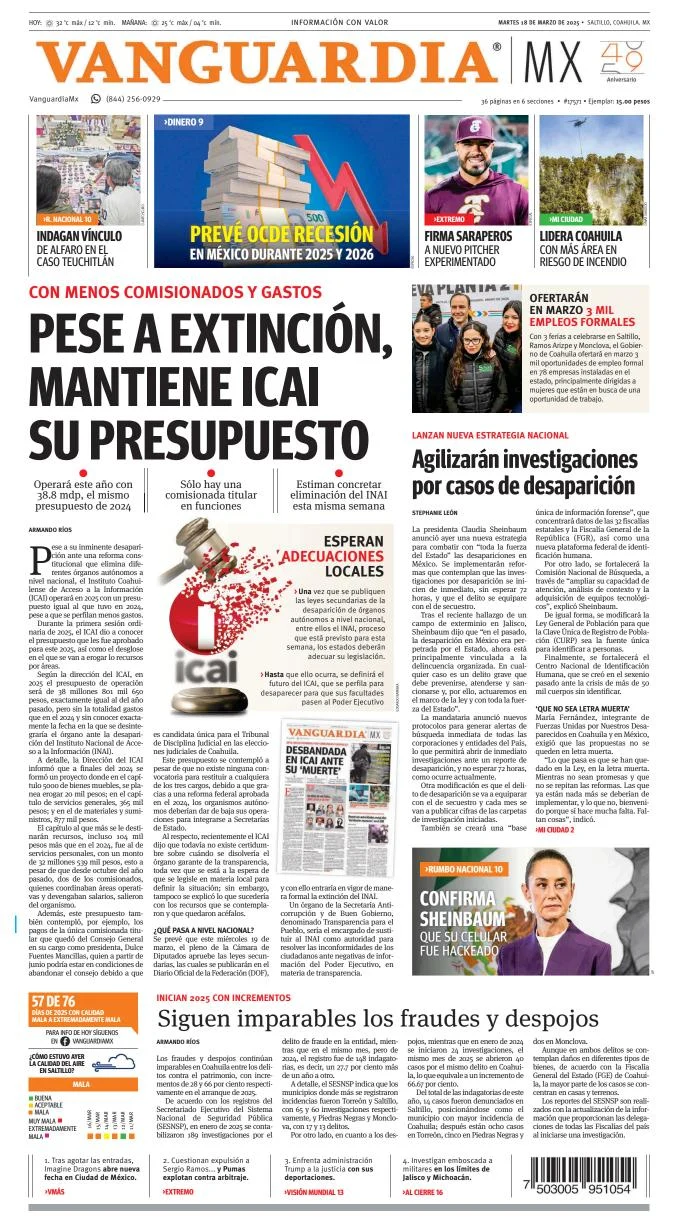 Portada de Vanguardia del martes, 18 de marzo de 2025