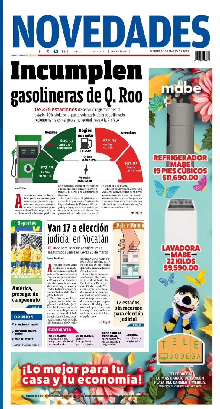 Portada de Novedades Quintana Roo del martes, 18 de marzo de 2025