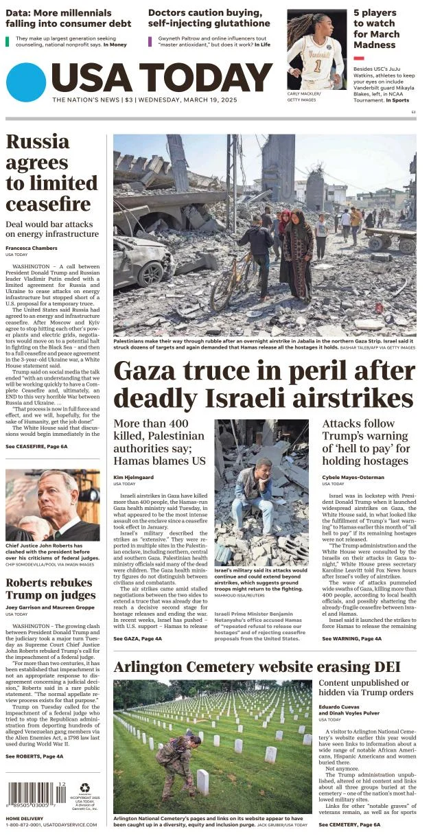 Portada de Usa Today del miércoles, 19 de marzo de 2025