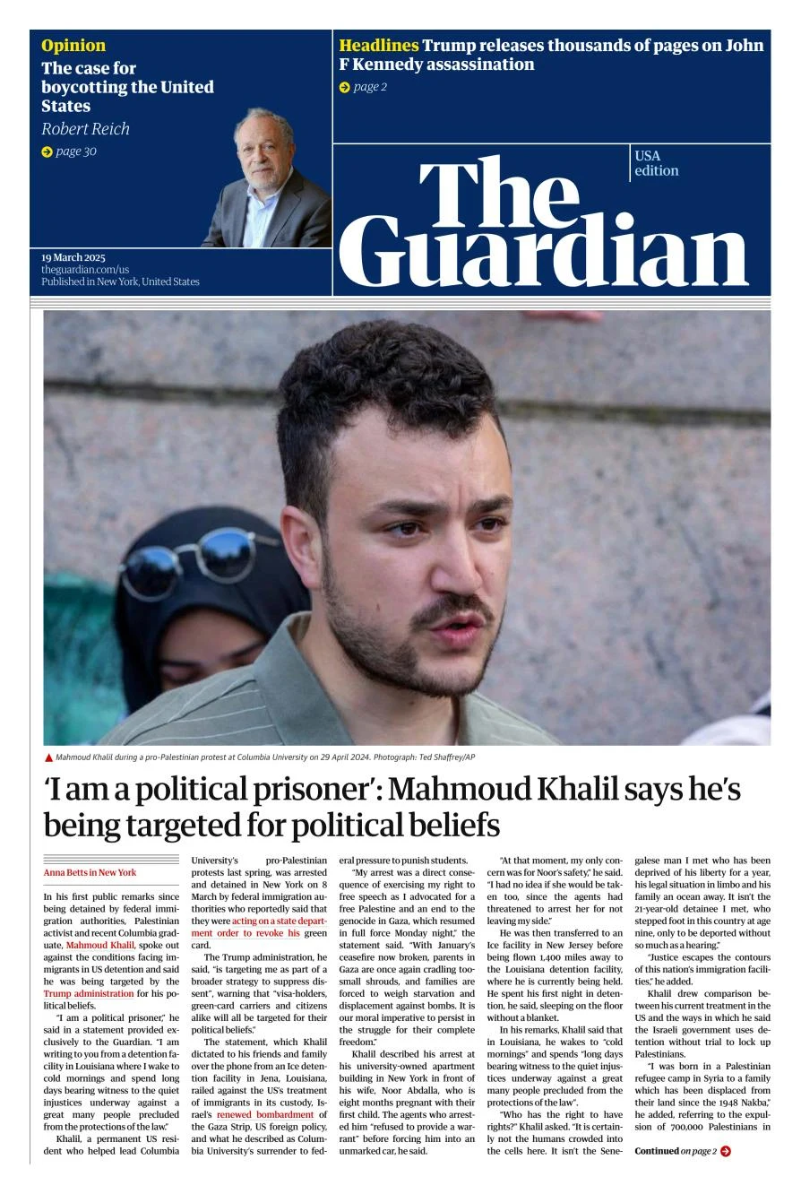 Portada de The Guardian (usa) del miércoles, 19 de marzo de 2025