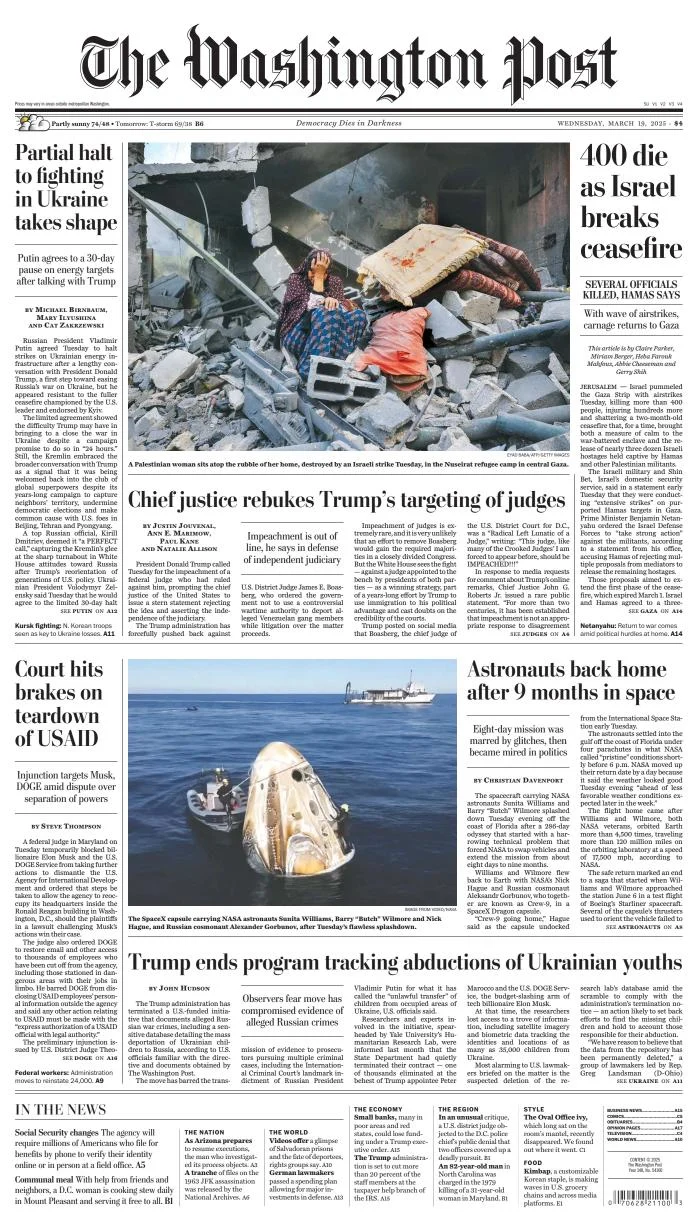 Portada de The Washington Post del miércoles, 19 de marzo de 2025