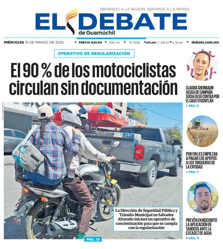 Portada de El Debate de Guamuchil del miércoles, 19 de marzo de 2025