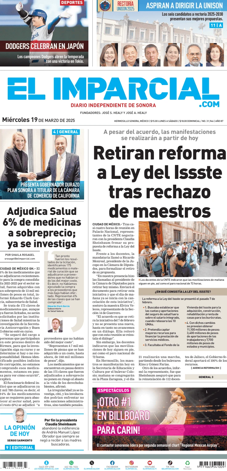 Portada de El Imparcial del miércoles, 19 de marzo de 2025