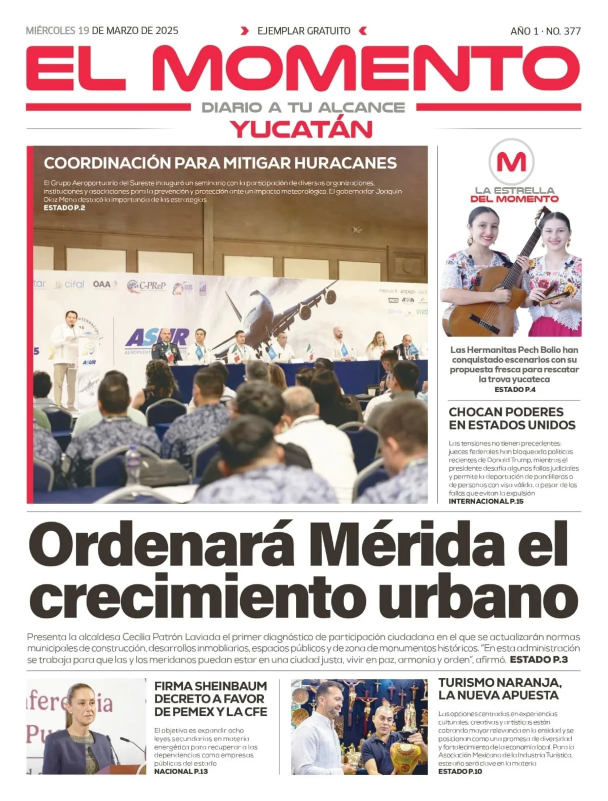 Portada de El Momento Yucatan del miércoles, 19 de marzo de 2025