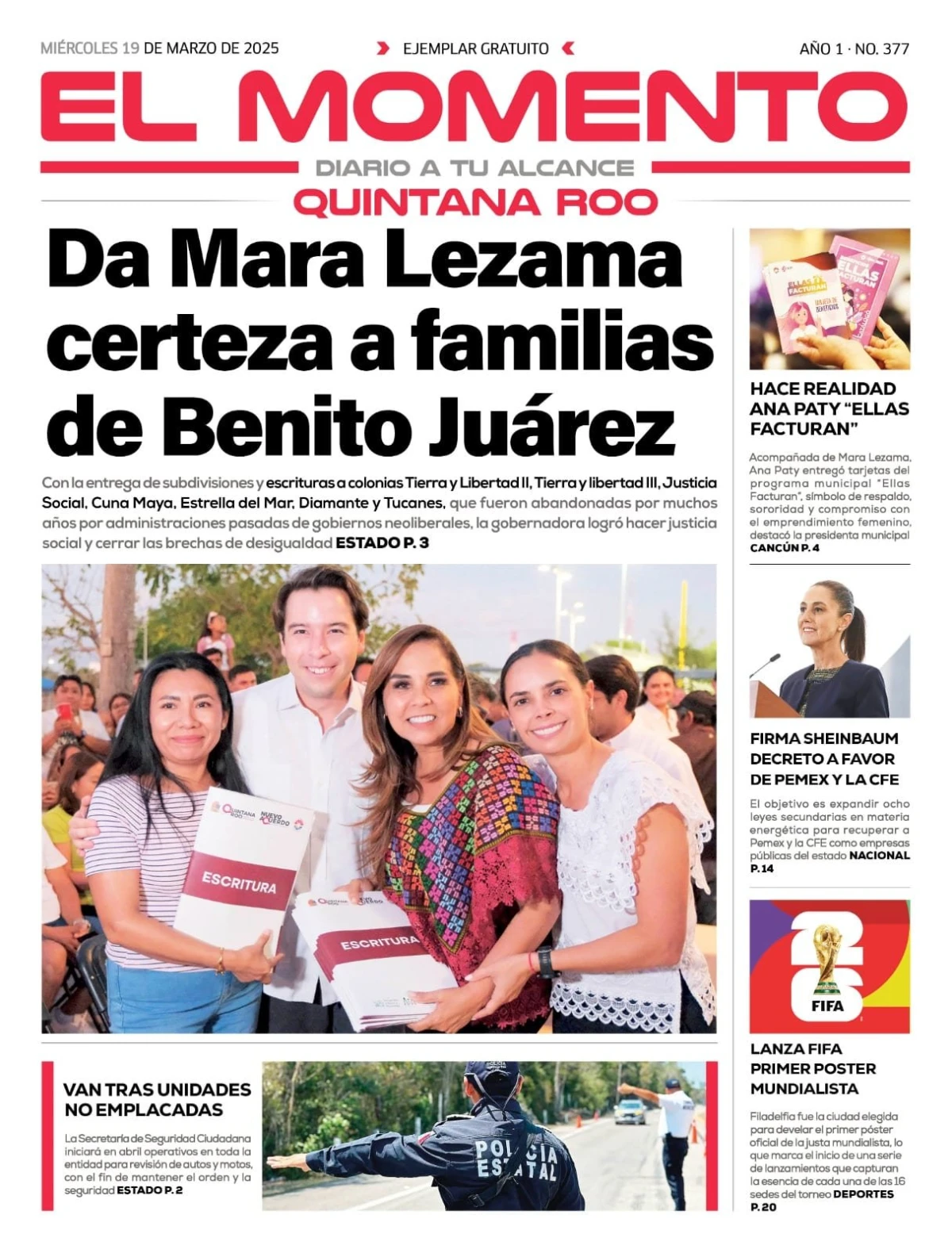 Portada de El Momento Quintana Roo del miércoles, 19 de marzo de 2025