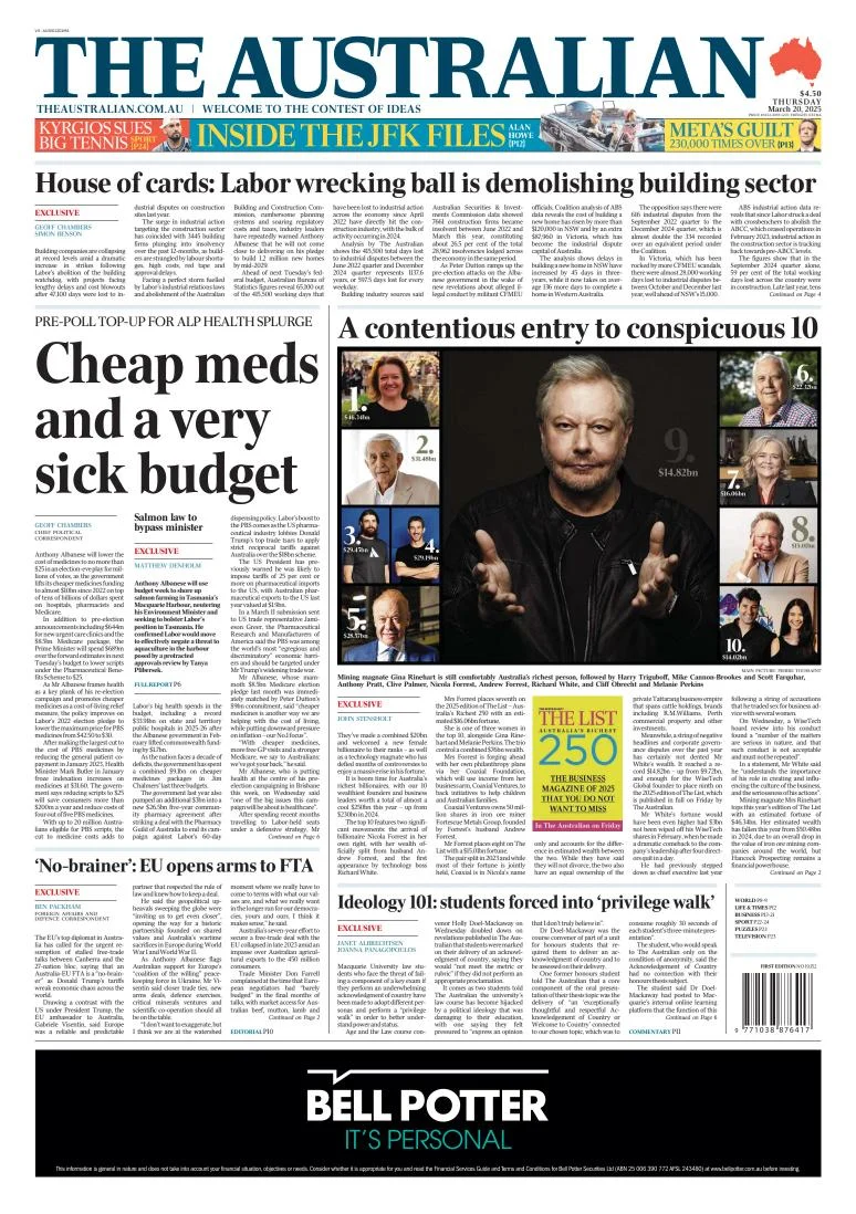 Portada de The Australian del jueves, 20 de marzo de 2025
