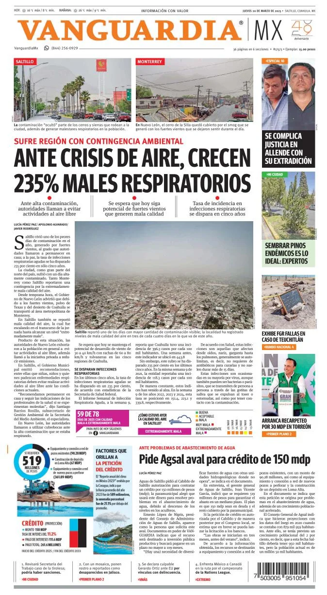 Portada de Vanguardia del jueves, 20 de marzo de 2025