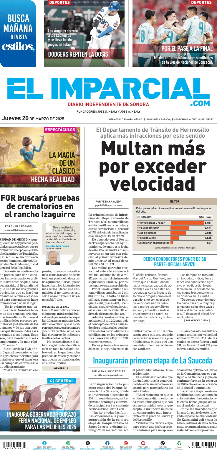 Portada de El Imparcial del jueves, 20 de marzo de 2025