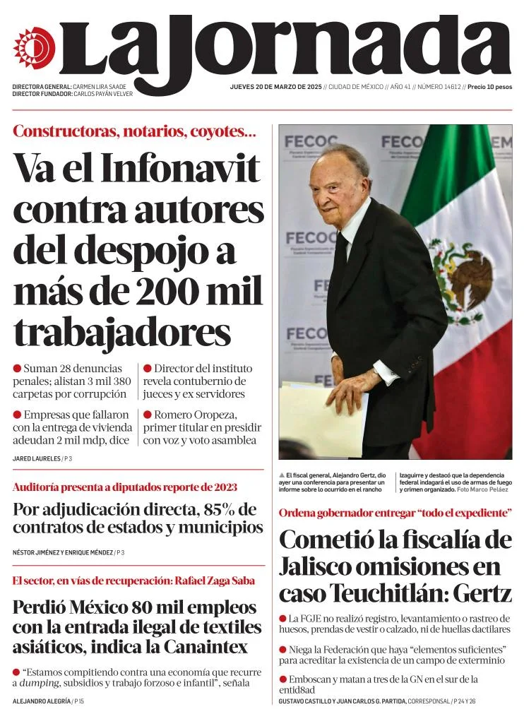 Portada de La Jornada del jueves, 20 de marzo de 2025