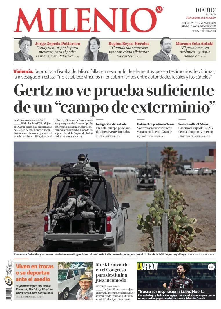 Portada de Milenio Jalisco del jueves, 20 de marzo de 2025