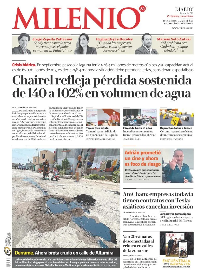 Portada de Milenio Tamaulipas del jueves, 20 de marzo de 2025