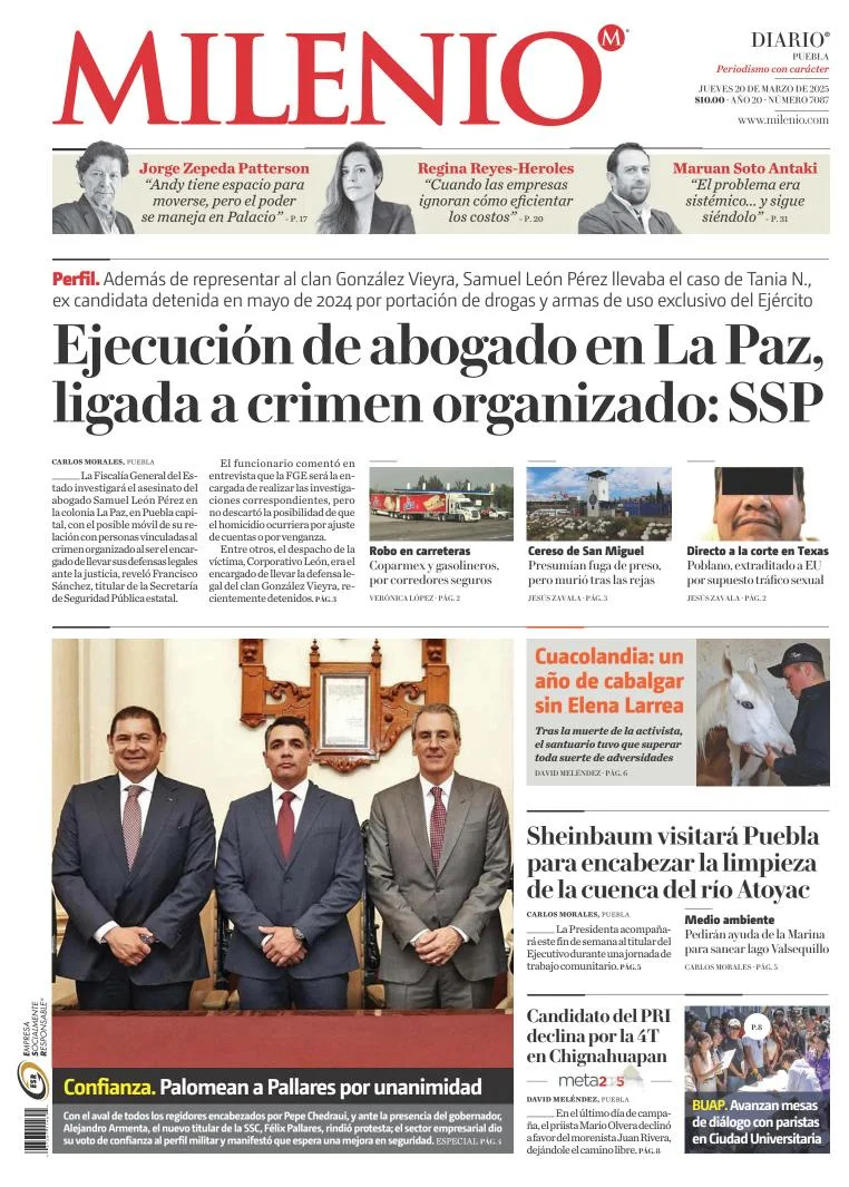 Portada de Milenio Puebla del jueves, 20 de marzo de 2025
