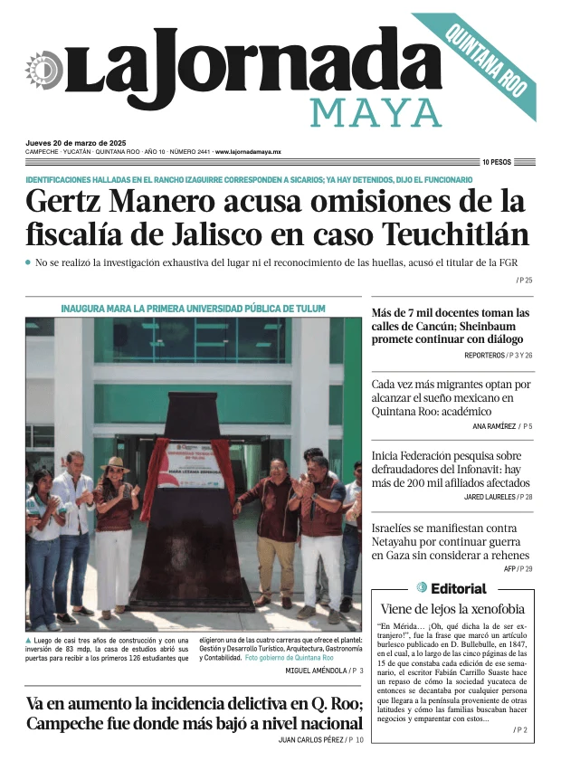 Portada de La Jornada Maya Quintana Roo del jueves, 20 de marzo de 2025