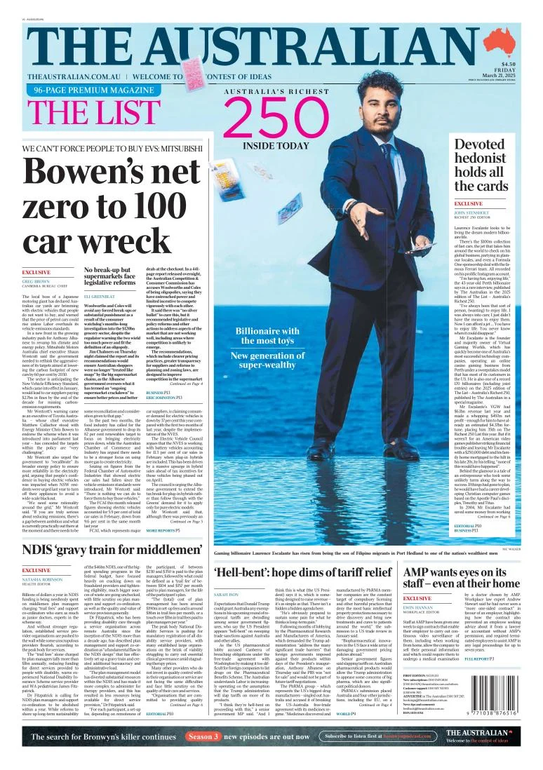 Portada de The Australian del viernes, 21 de marzo de 2025