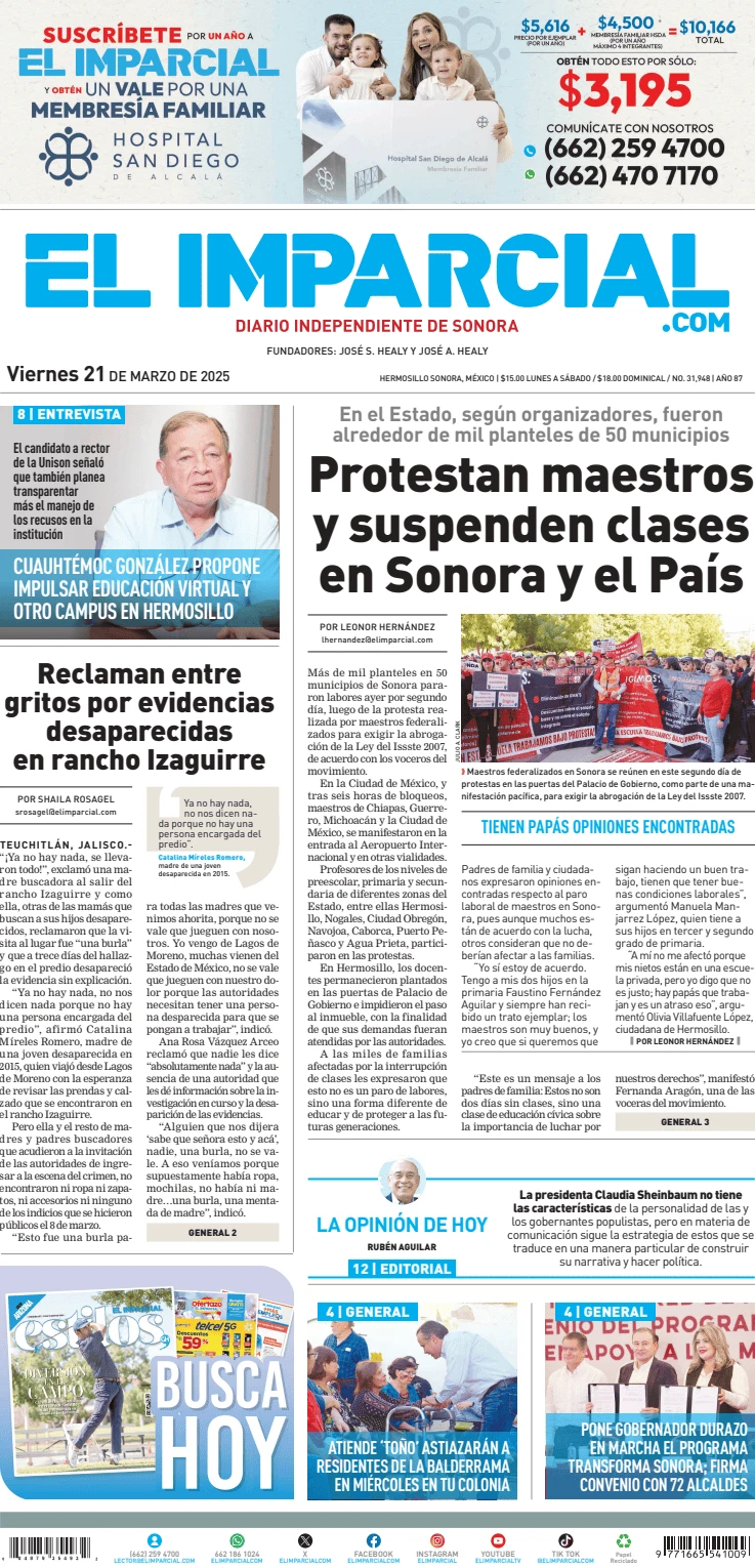 Portada de El Imparcial del viernes, 21 de marzo de 2025