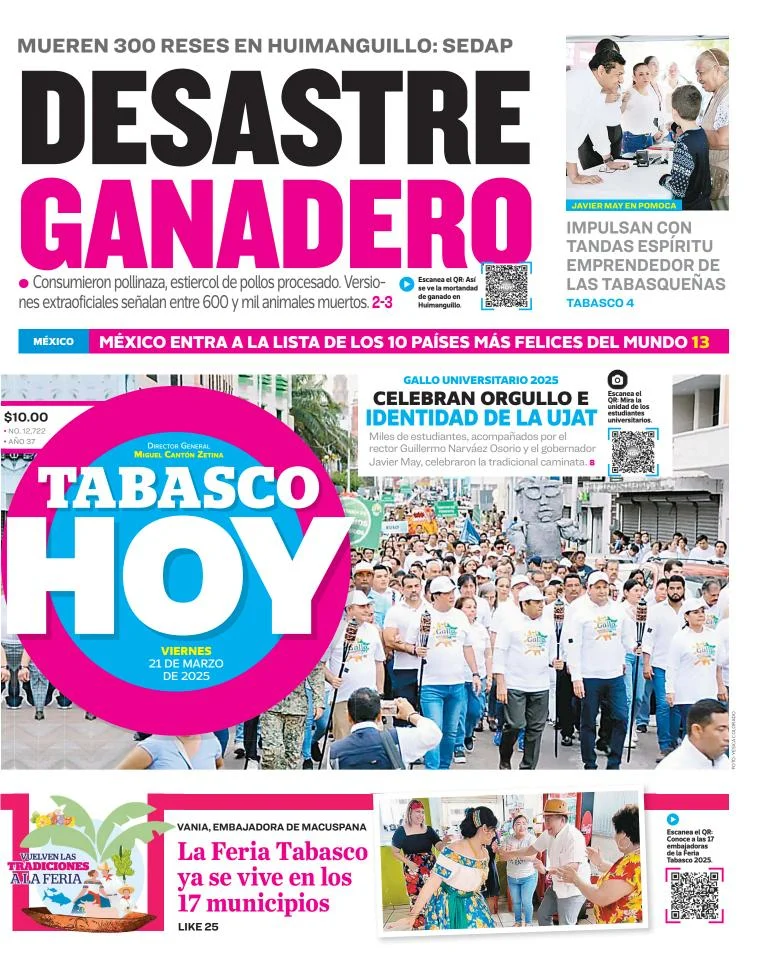 Portada de Tabasco Hoy del viernes, 21 de marzo de 2025