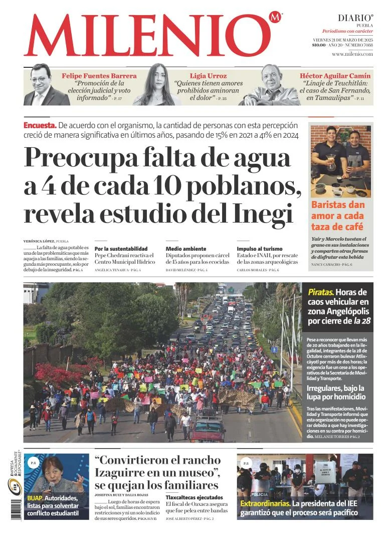 Portada de Milenio Puebla del viernes, 21 de marzo de 2025