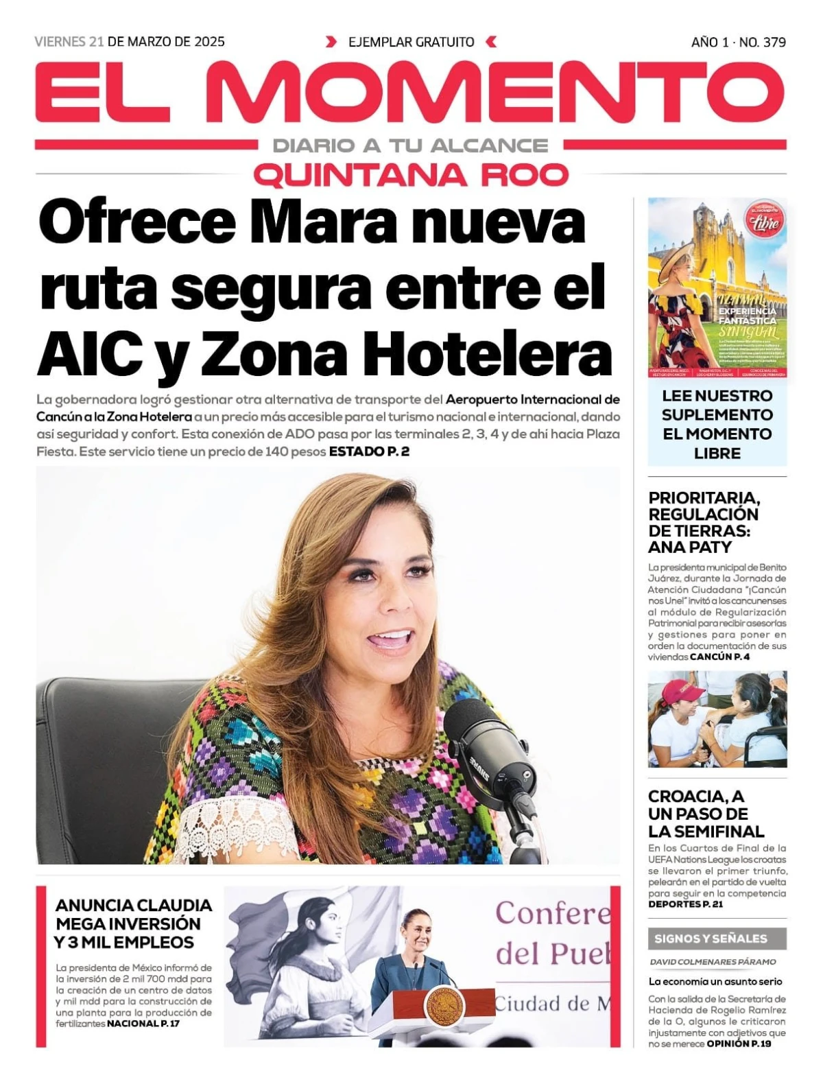 Portada de El Momento Quintana Roo del viernes, 21 de marzo de 2025