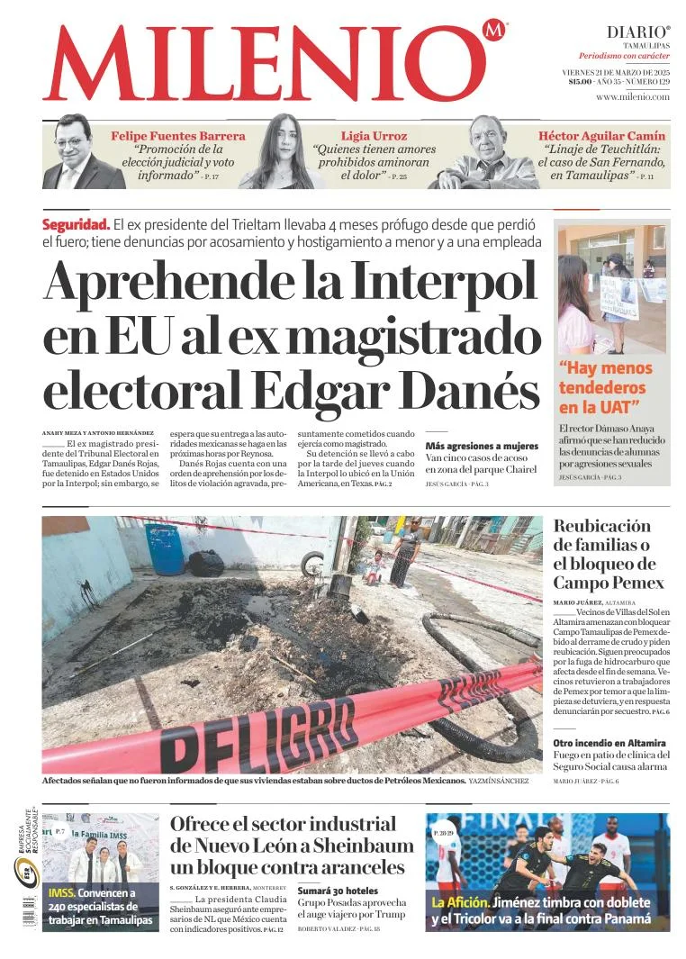 Portada de Milenio Tamaulipas del viernes, 21 de marzo de 2025