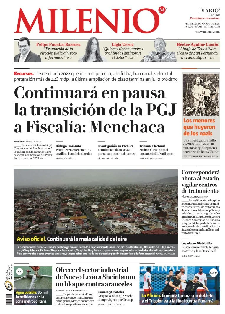 Portada de Milenio Hidalgo del viernes, 21 de marzo de 2025