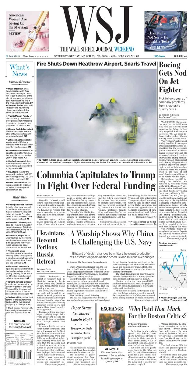 Portada de The Wall Street Journal del sábado, 22 de marzo de 2025