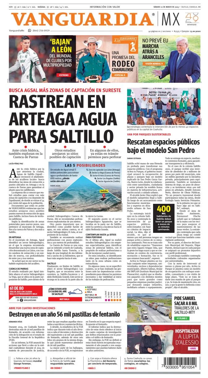 Portada de Vanguardia del sábado, 22 de marzo de 2025