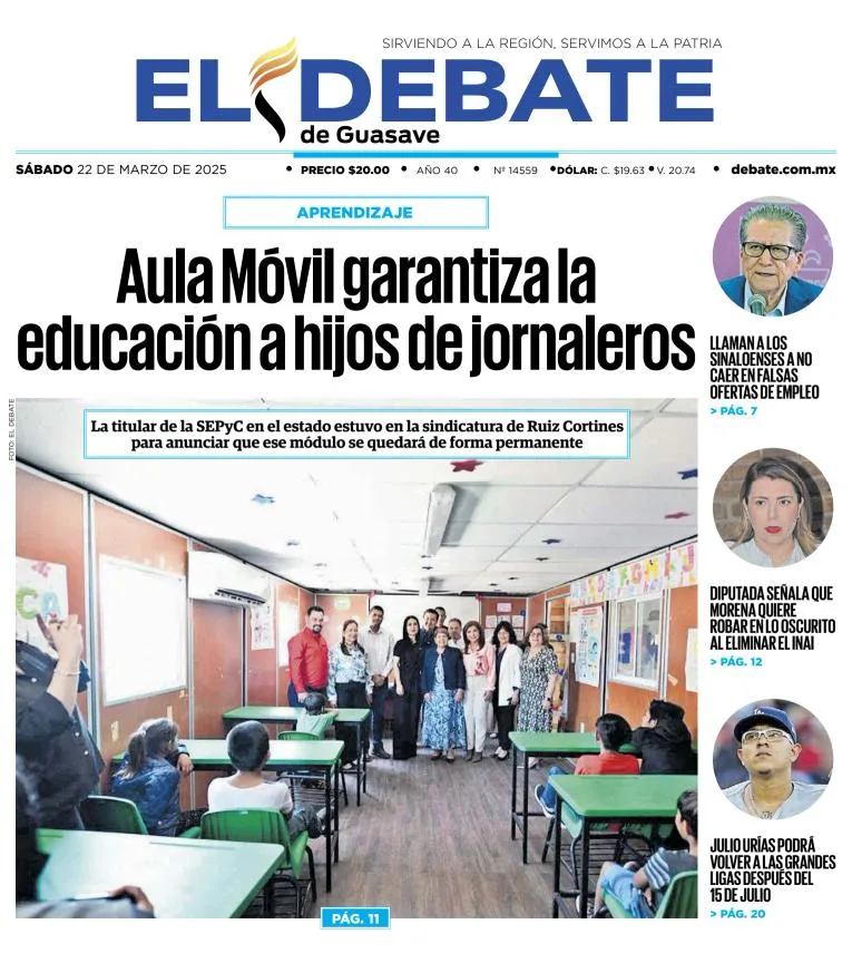 Portada de El Debate de Guasave del sábado, 22 de marzo de 2025