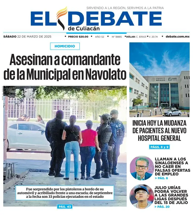 Portada de El Debate de Culiacan del sábado, 22 de marzo de 2025