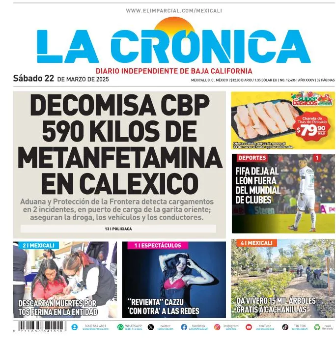 Portada de La Cronica del sábado, 22 de marzo de 2025