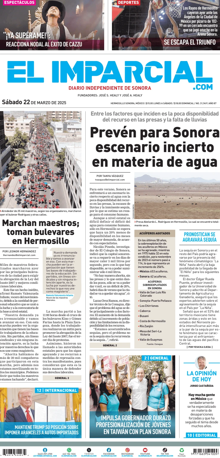 Portada de El Imparcial del sábado, 22 de marzo de 2025