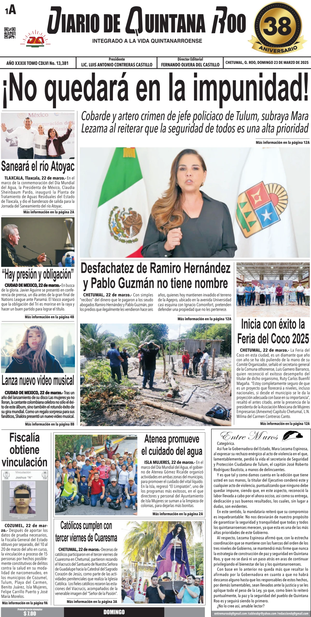 Portada de Diario de Quintana Roo (portada) del domingo, 23 de marzo de 2025