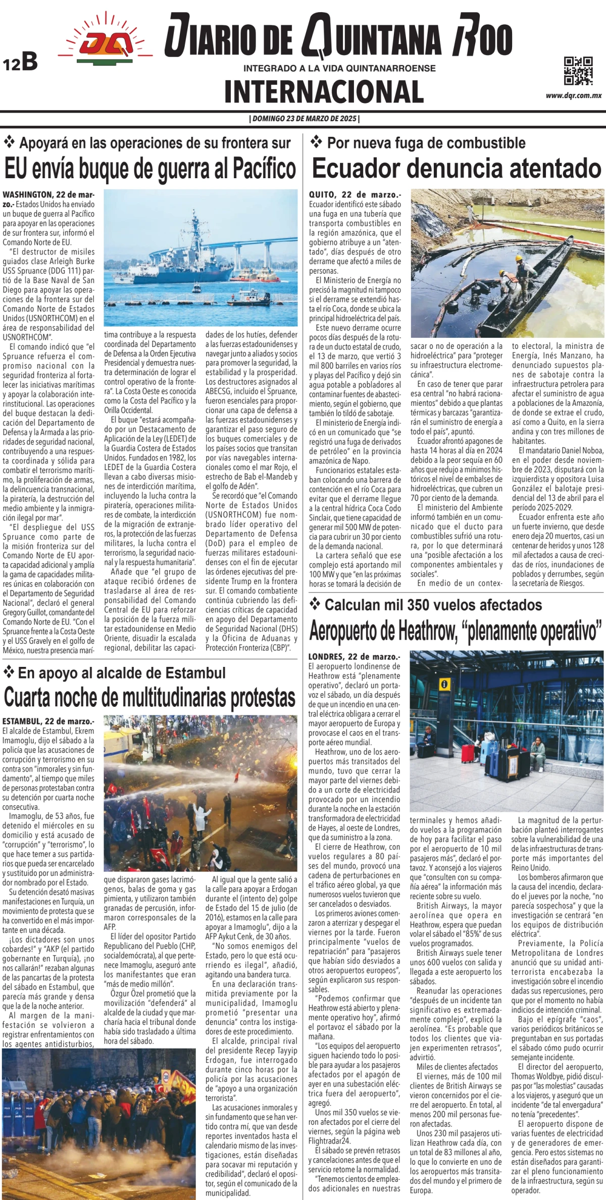 Portada de Diario de Quintana Roo (contra Portada) del domingo, 23 de marzo de 2025