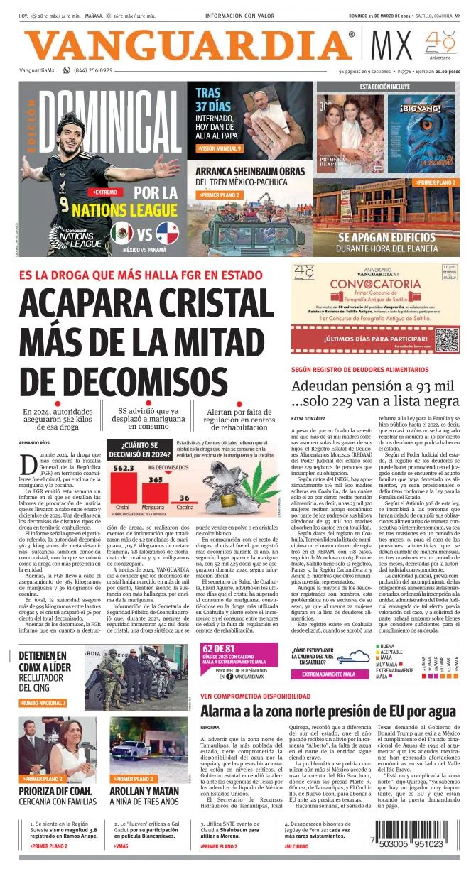 Portada de Vanguardia del domingo, 23 de marzo de 2025