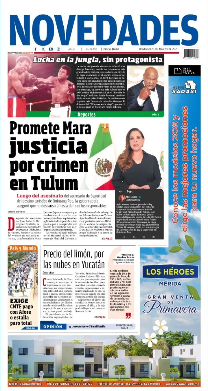 Portada de Novedades Quintana Roo del domingo, 23 de marzo de 2025