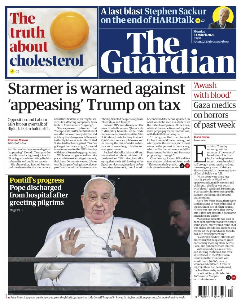 Portada de The Guardian (reino Unido) del lunes, 24 de marzo de 2025