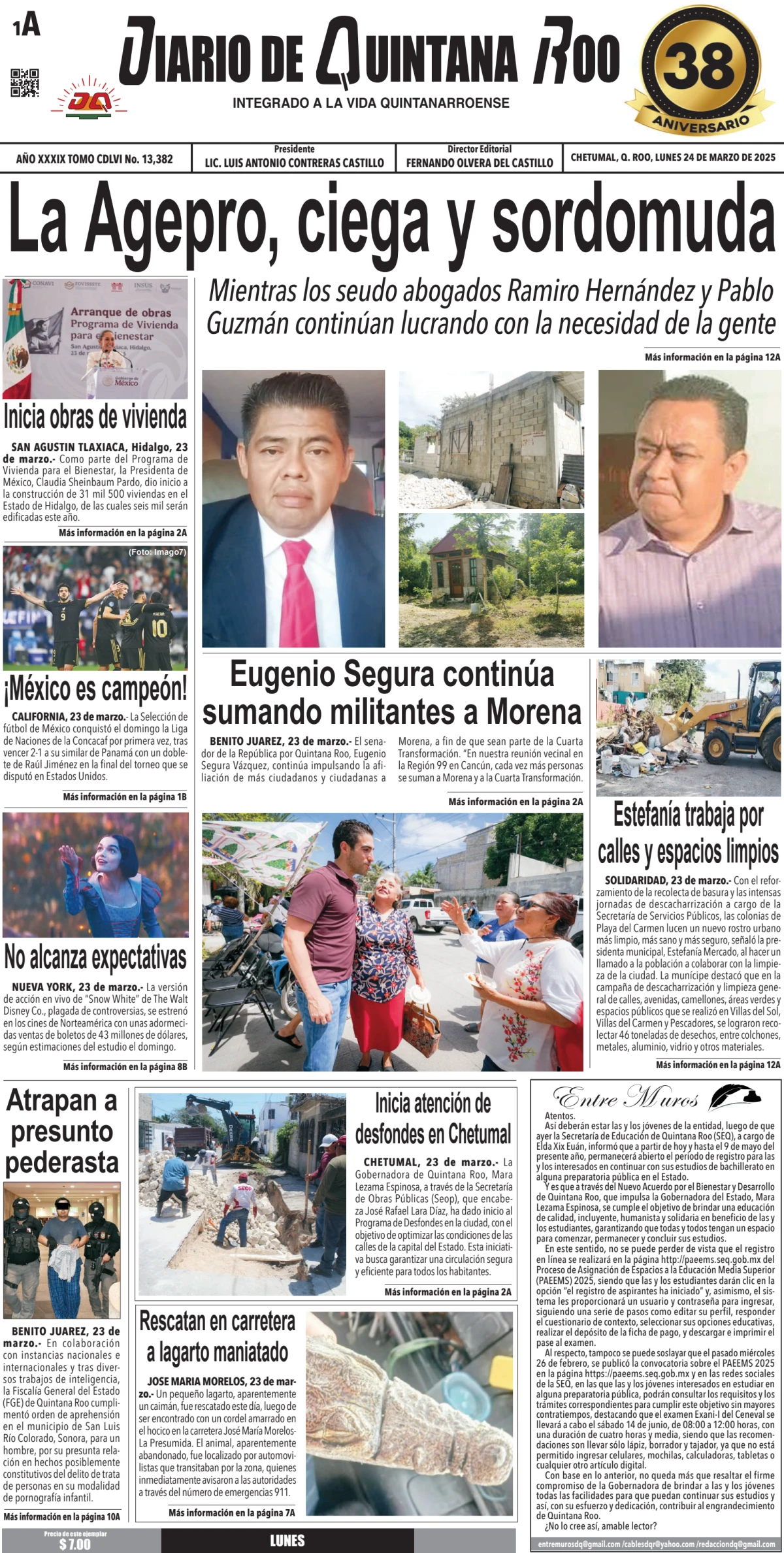Portada de Diario de Quintana Roo (portada) del lunes, 24 de marzo de 2025