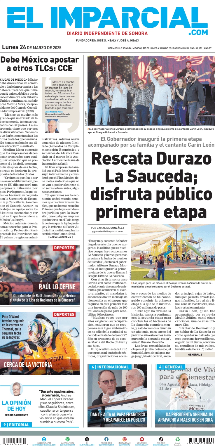 Portada de El Imparcial del lunes, 24 de marzo de 2025