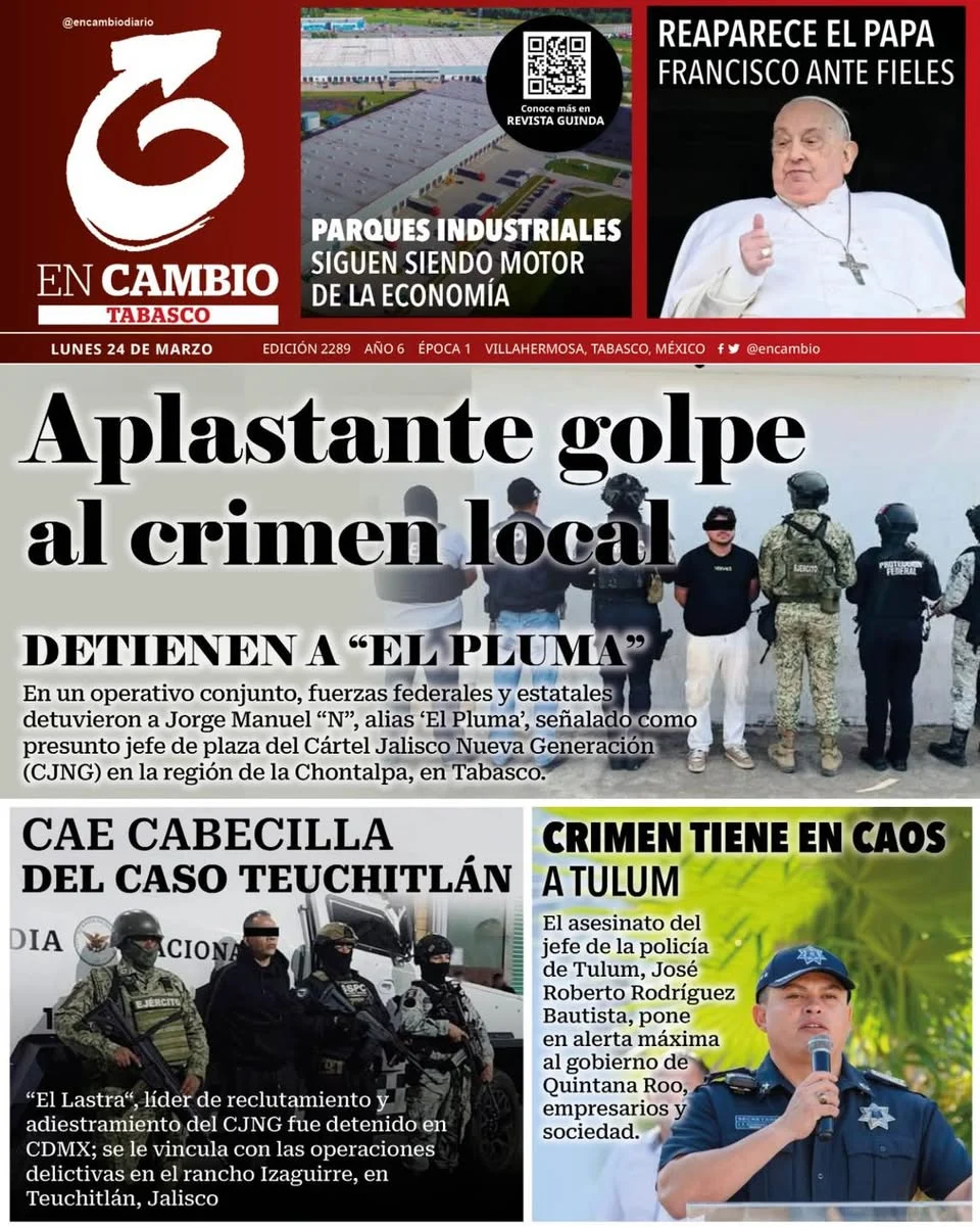 Portada de En Cambio - Tabasco (portada) del lunes, 24 de marzo de 2025