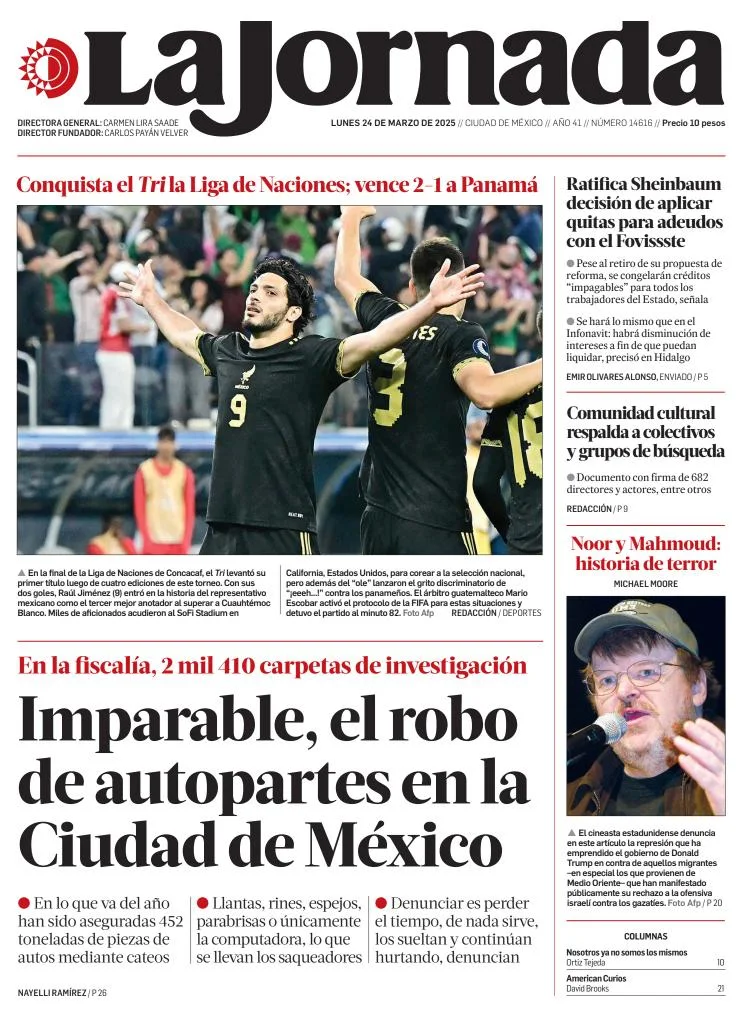 Portada de La Jornada del lunes, 24 de marzo de 2025