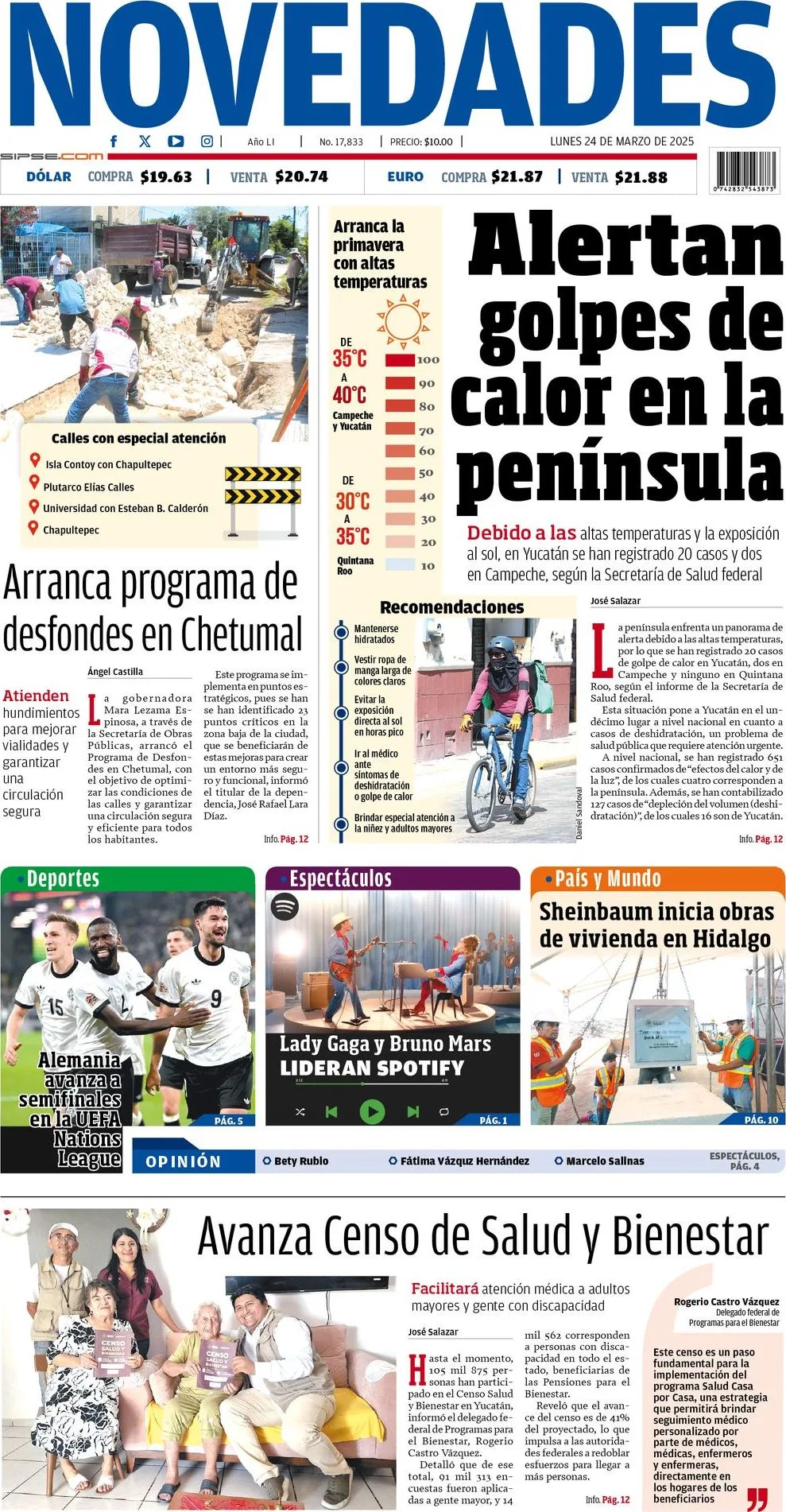 Portada de Novedades Quintana Roo del lunes, 24 de marzo de 2025