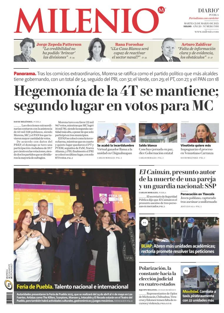 Portada de Milenio Puebla del martes, 25 de marzo de 2025