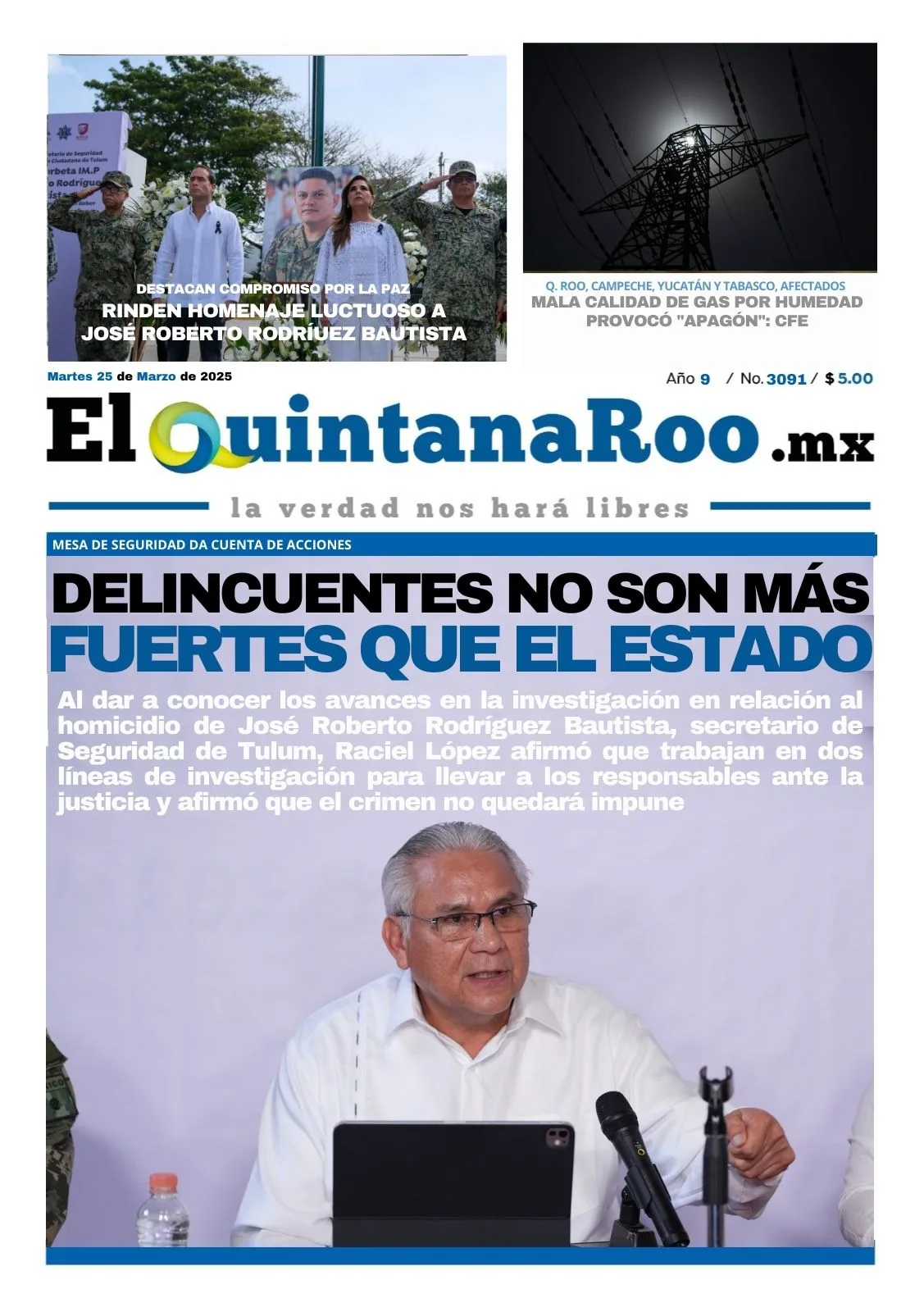 Portada de El Quintana Roo (portada) del martes, 25 de marzo de 2025