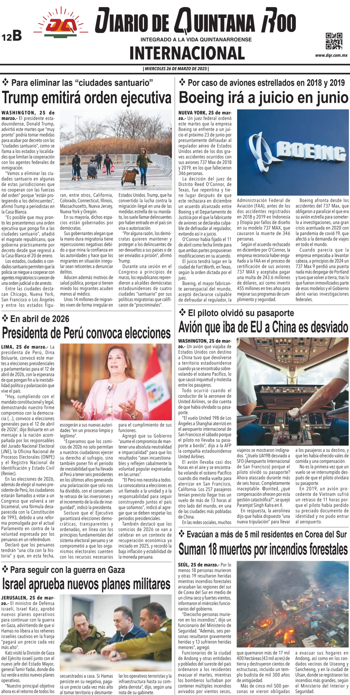 Portada de Diario de Quintana Roo (contra Portada) del miércoles, 26 de marzo de 2025